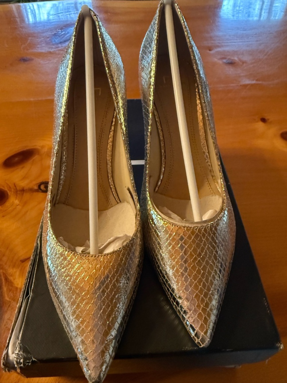 Marc Fisher Metallic Gold Pointed-Toe Pumps with Textured Scale Pattern